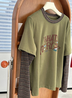 军绿色撞色条纹袖假两件磨毛T恤早春新款设计感单穿软糯长袖上衣