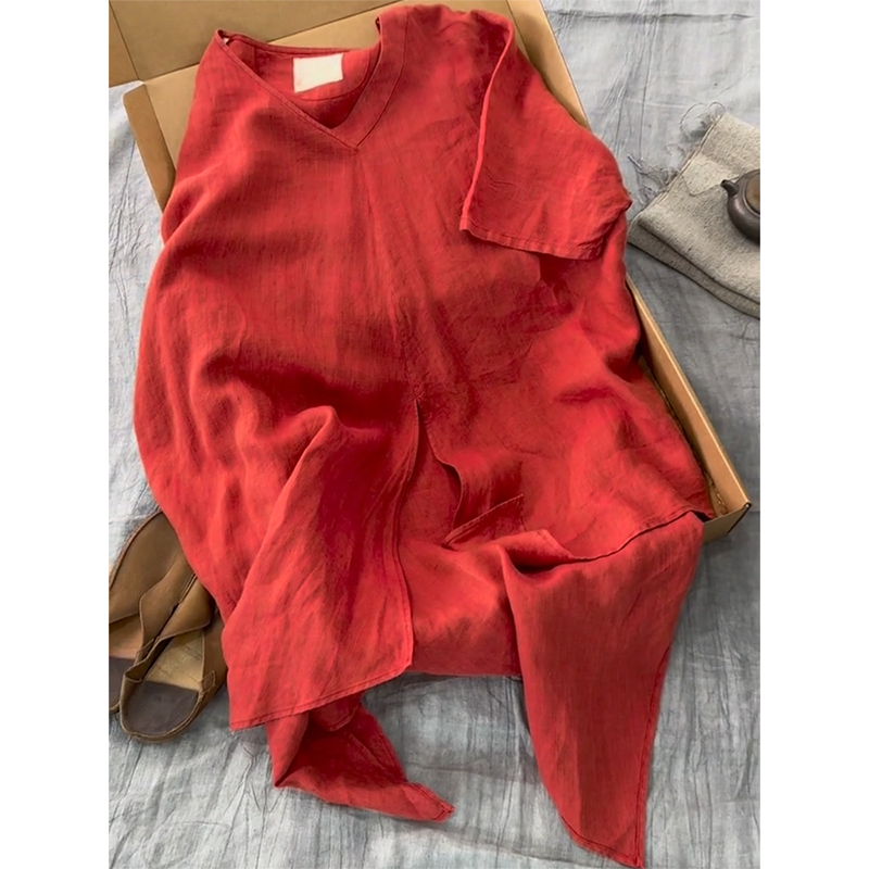 橘红色V领亚麻开叉套头上衣女夏