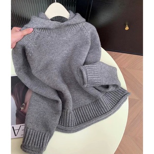 格雷系灰色连帽套头长袖毛衣女冬季软糯糯高质量小个子百搭针织衫