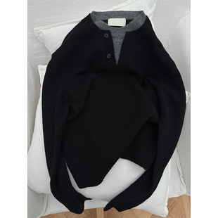 现货】这件泰戳我啦！2026早春黑色圆领撞色假两件针织套头衫毛衣