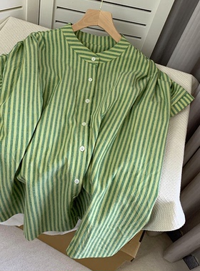 【现货】森系小众绿色条纹圆领棉麻飞飞袖上衣夏季单排扣亚麻衬衣