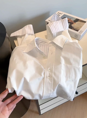 现货】白色单排扣袖口条纹翻领亚麻衬衣夏季空气感单口袋防晒衬衫