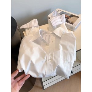 现货】白色单排扣袖口条纹翻领亚麻衬衣夏季空气感单口袋防晒衬衫