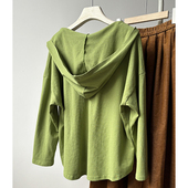 无D推荐 单穿宽松卫衫 牛油果绿连帽三粒扣套头长袖 T恤女早春新款