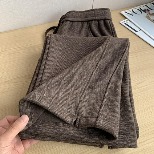 咖色高腰人字纹加绒直筒阔腿裤女