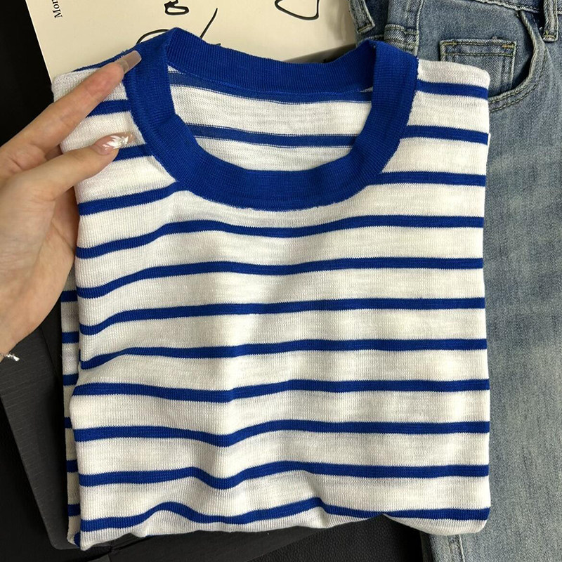 爆火の款！蓝条纹圆领软糯长袖冰麻衫女早春新款单穿垂感百搭上衣