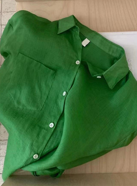 【现货！】莱赛尔天丝绿色翻领单排扣防晒衬衣女夏季单口袋空调衫
