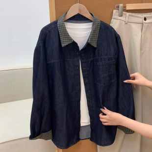 气质单排扣防晒衫 外套春季 韩系深蓝格纹拼接牛仔衬衫 CHAO级穿搭