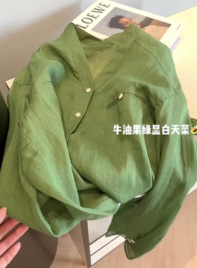现货】牛油果绿色V领单排扣空气感苎麻衬衫夏季高端亚麻防晒衬衣