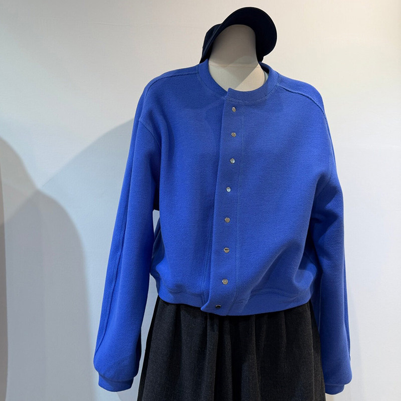 显白蓝色圆领棒球服廓形外套秋季