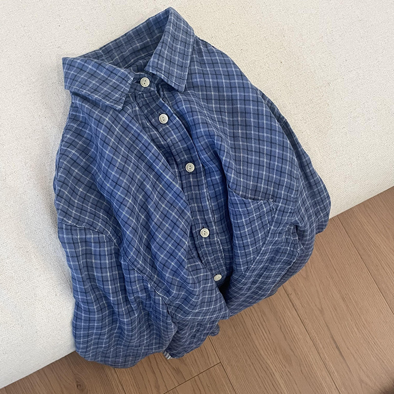 蓝色细格子衬衣单口袋polo领衬衫
