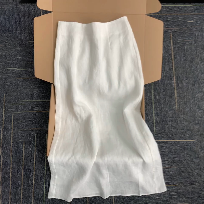 小香风白色高腰棉麻直筒半身裙女