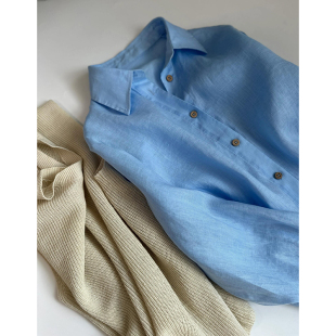 现货】高端蓝色亚麻翻领单排扣防晒衬衫女夏季薄款日系复古小外套