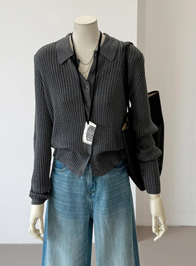 现货】一穿一个不吱声！2026早春灰色翻领坑条针织开衫单排扣小衫