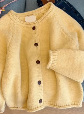 【现货】奶黄色灯笼袖卷边单排扣毛衣外套女秋季新款单排扣针织衫