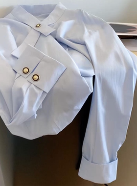 【现货~GAO端版！】2026春夏蓝色不规则双扣衬衫小金扣丝光棉衬衣