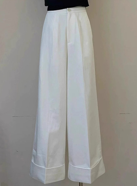 【现货】极简白色翻边阔腿裤女2026早秋百搭高腰垂感卷边工装长裤