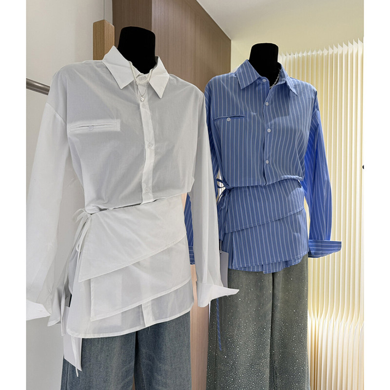 CHAO级推荐！白色翻领单排扣衬衫+屁帘套装春季气质单穿空调衬衣