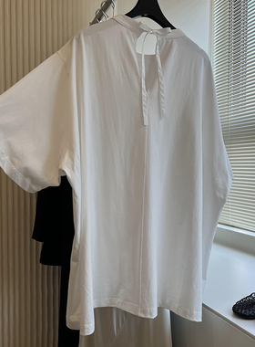 现货】白色圆领系带镂空设计感宽松上衣女夏季亚麻极简风韩系短袖
