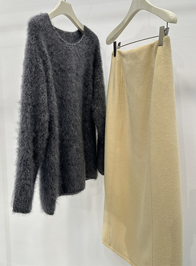 现货】奶黄色仿羊毛后开叉包臀长裙女冬季新款奶呼呼慵懒风直筒裙