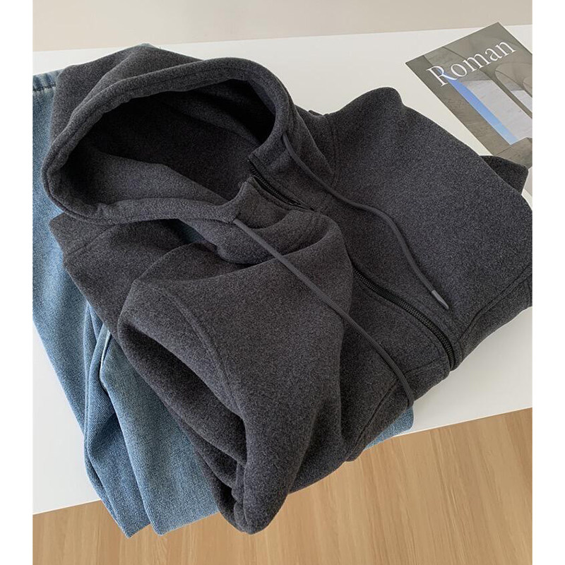 深灰色连帽抽绳拉链加绒运动风卫衣女冬季新款软糯加厚小个子外套