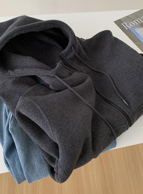 深灰色连帽抽绳拉链加绒运动风卫衣女冬季新款软糯加厚小个子外套