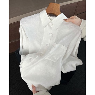 CHAO级穿搭!白色亚麻翻领单排扣衬衫女春季贴袋极简风防晒小外套