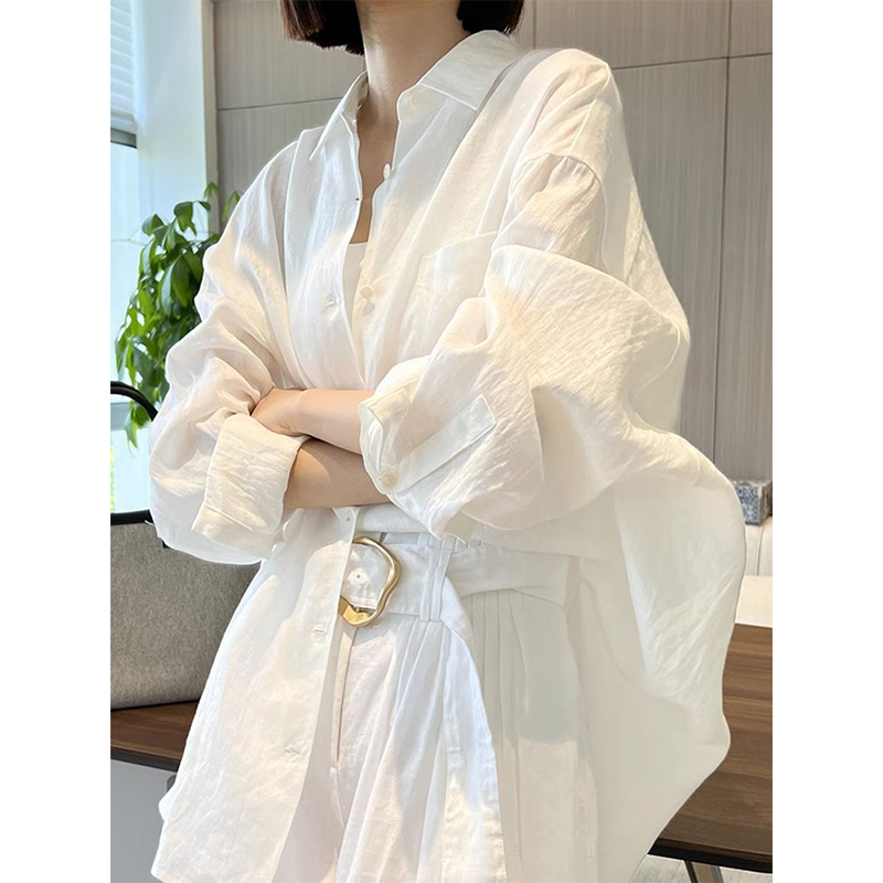 白色亚麻长袖防晒衬衫薄款松衬衣