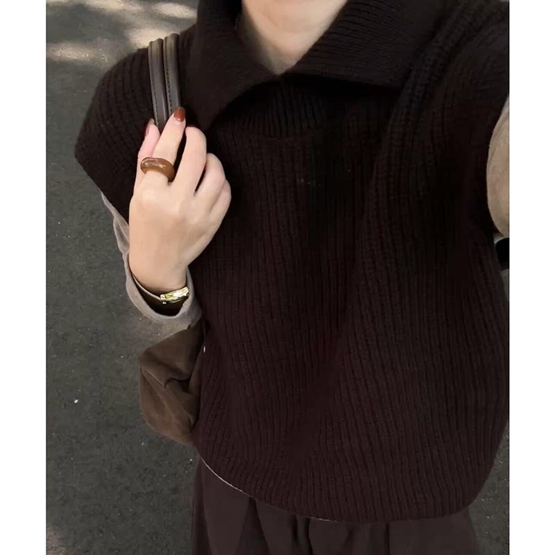 软糯糯咖色翻领针织衫背心女秋季