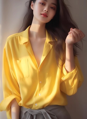 【现货封神穿搭】高级感炸街黄色醋酸缎面衬衫26新款显瘦漂亮衬衣