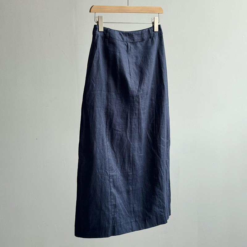 CHAO级穿搭!藏蓝色亚麻后开叉半身裙春季新款高腰直筒休闲a字长裙