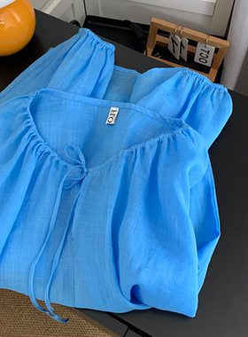 现货】vocal~心动一万次！2026春夏蓝色苎麻抽绳领微透衬衫防晒衫