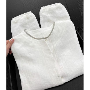 【现货~GAO端版！】2026早春领口珠片白色亚麻衬衫外套松紧袖衬衣