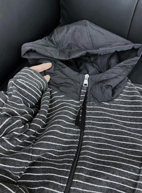 无D推荐系列！灰色条纹绒毛连帽拉链卫衣冬季叠穿长袖软糯糯外套