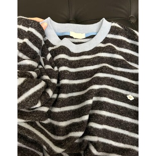 打底T恤 软糯百搭叠穿长袖 温柔风蓝色条纹磨毛绒圆领卫衣冬季 新款