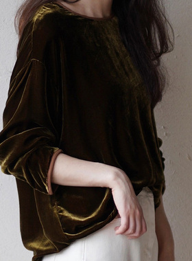 【现货封神穿搭】欧洲站秋黄色丝绒上衣秋冬今年流行别致套头衬衣