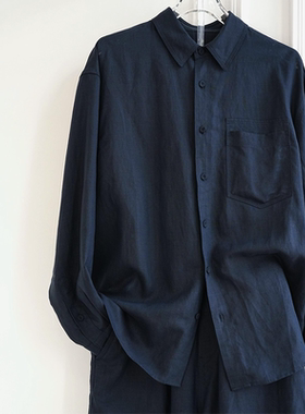现货】慵懒风藏蓝色丝麻翻领单排扣衬衫外套女春秋贴袋设计小衬衣