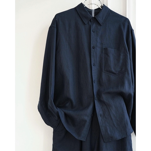现货】慵懒风藏蓝色丝麻翻领单排扣衬衫外套女春秋贴袋设计小衬衣