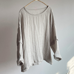 苎麻圆领防晒空调衫 CHAO级穿搭 新款 女春季 米色棉麻拼接袖 薄衬衫