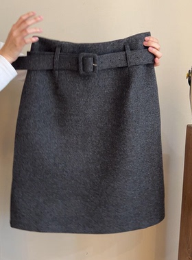 学院风减龄灰色高腰毛呢百搭半身裙女冬季新款含腰带直筒休闲裙子