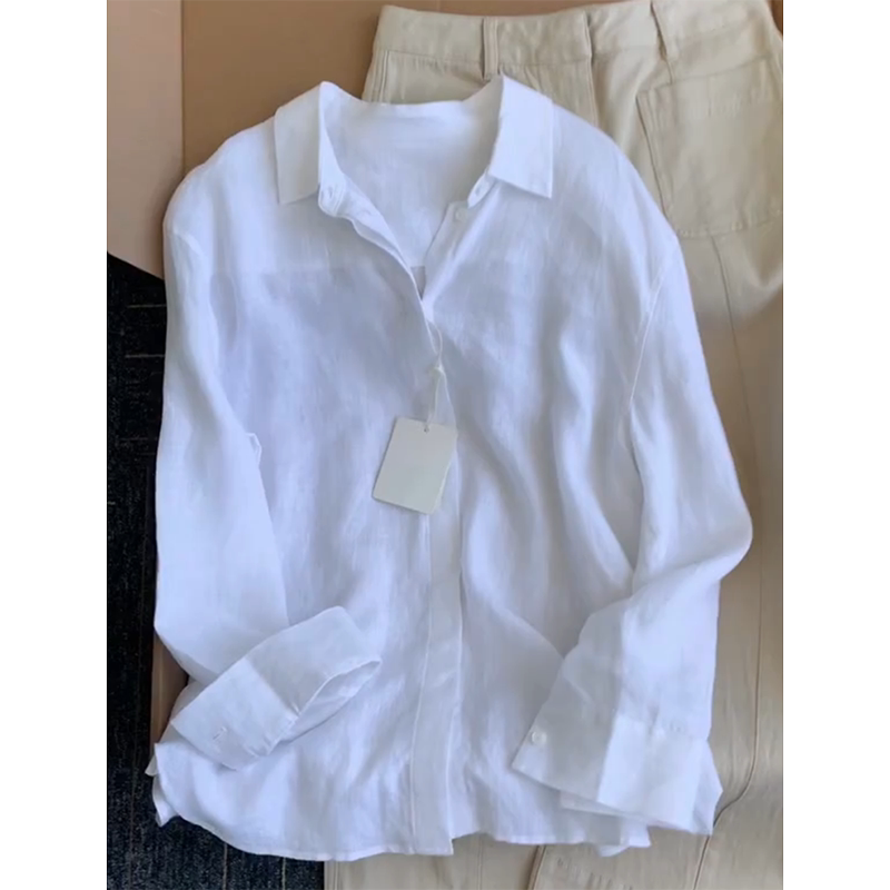 白色老钱风翻领棉麻长袖衬衫早春