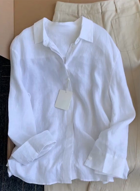 现货】欧麦嘎！白色老钱风翻领棉麻长袖衬衫早春薄款亚麻防晒上衣