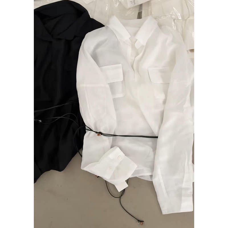 【佛播勒穿了都说好】老钱风白色苎麻双口袋衬衫春季套头含腰带衫