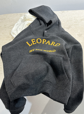 深灰色字母绣花加绒连帽卫衣女早春新款厚款运动风高质量长袖上衣