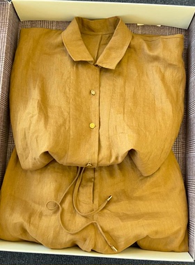 现货】姜黄色亚麻翻领短袖＋直筒短裤女夏空气感棉麻老钱风两件套