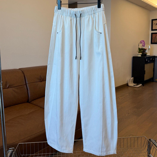 垂感棉麻直筒裤 CHAO级穿搭 新款 女春季 白色松紧腰抽绳弯刀阔腿裤