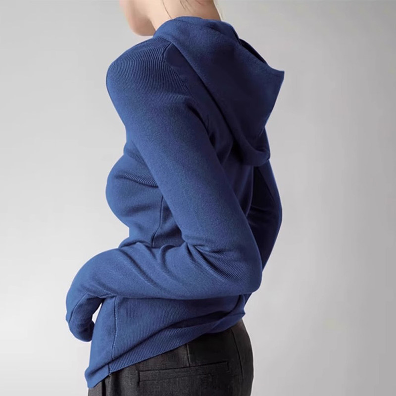 【现货！】蓝色修身连帽针织衫女2026年秋季复古慵懒风毛衣款卫衣