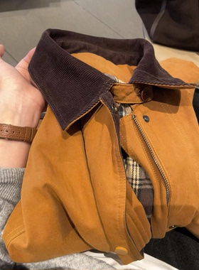 现货】宇宙无D推荐！橘黄色灯芯绒拼翻领拉链棉衣女秋冬加厚外套