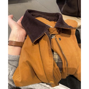 现货 橘黄色灯芯绒拼翻领拉链棉衣女秋冬加厚外套 宇宙无D推荐