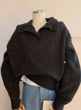 复古深灰色高领半排扣可翻领长袖毛衣冬季新款软糯叠穿百搭打底衫